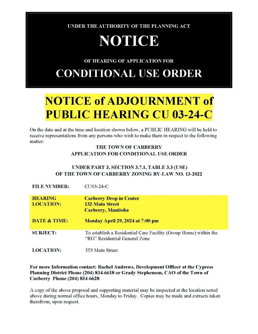 Public Hearing Notice for a Conditional use order for a group home at 553 Main Street