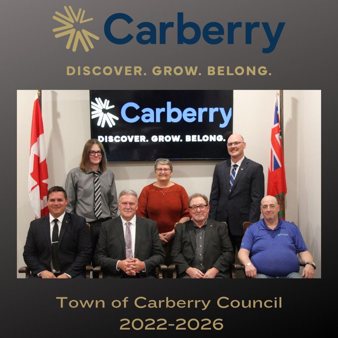 Town of Carberry Photo Left to Right Ethan Downey Jr Councilor, Debbie Rea Councilor, Grady Stephenson CAO Front Row Left To Right Mike Sudak Councilor, Ray Muirhead Mayor, Bill Kalinowich Deputy Mayor John Anderson councilor