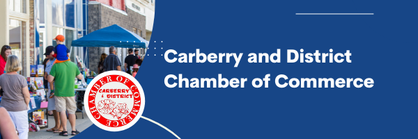Banner reading Carberry and District Chamber of Commerce, inset with a scene of people shopping.