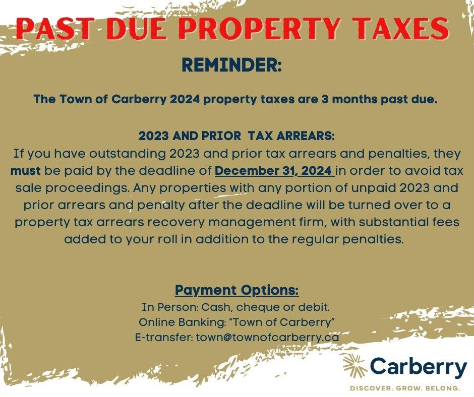 Reminder that your 2024 property taxes are past due.  If you owe any unpaid property taxes from 2023 and prior they must be paid by December 31, 2024 to avoid Tax Sale proceedings and hefty fees added to taxes. If you have any questions you can email town@townofcarberry.ca