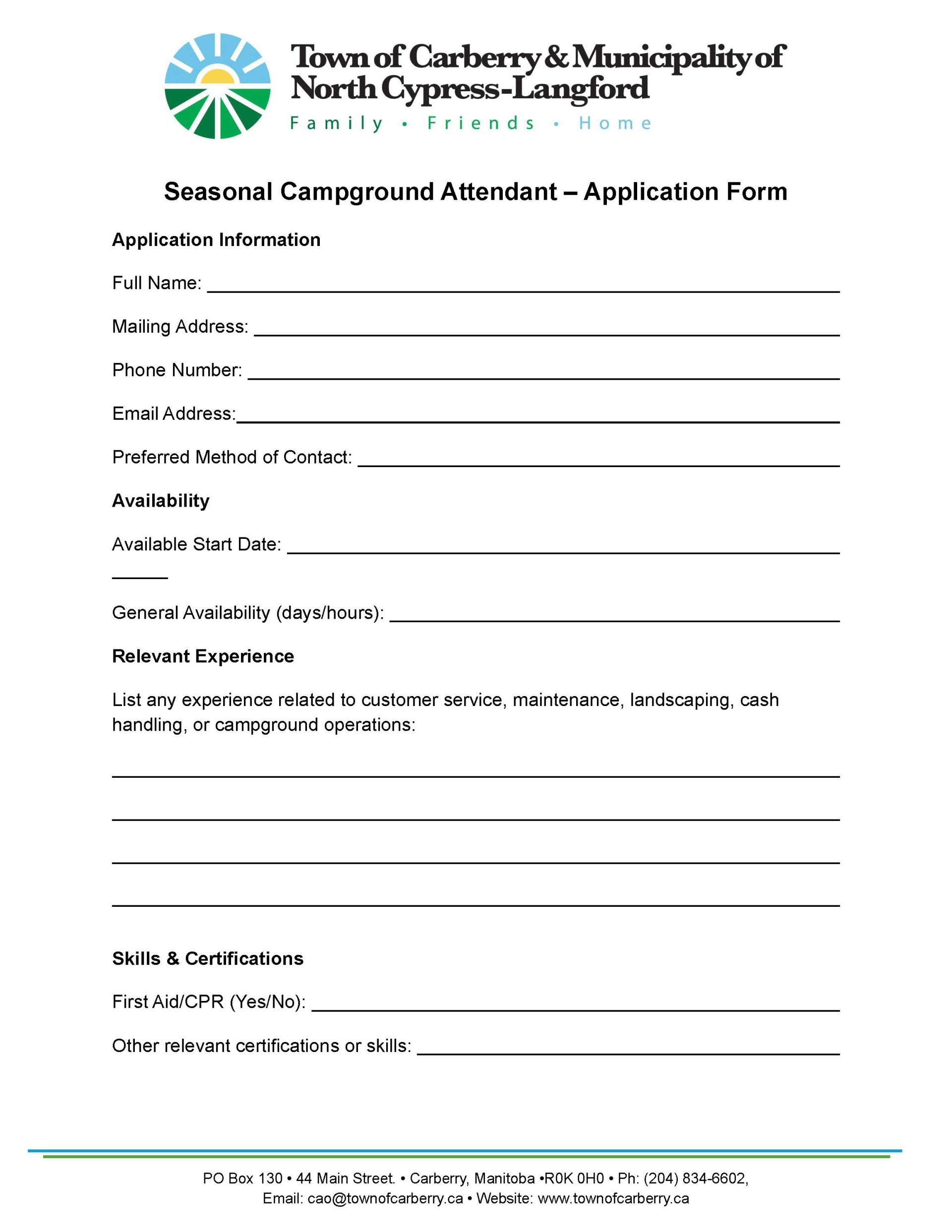 Seasonal Campground Attendant Application
