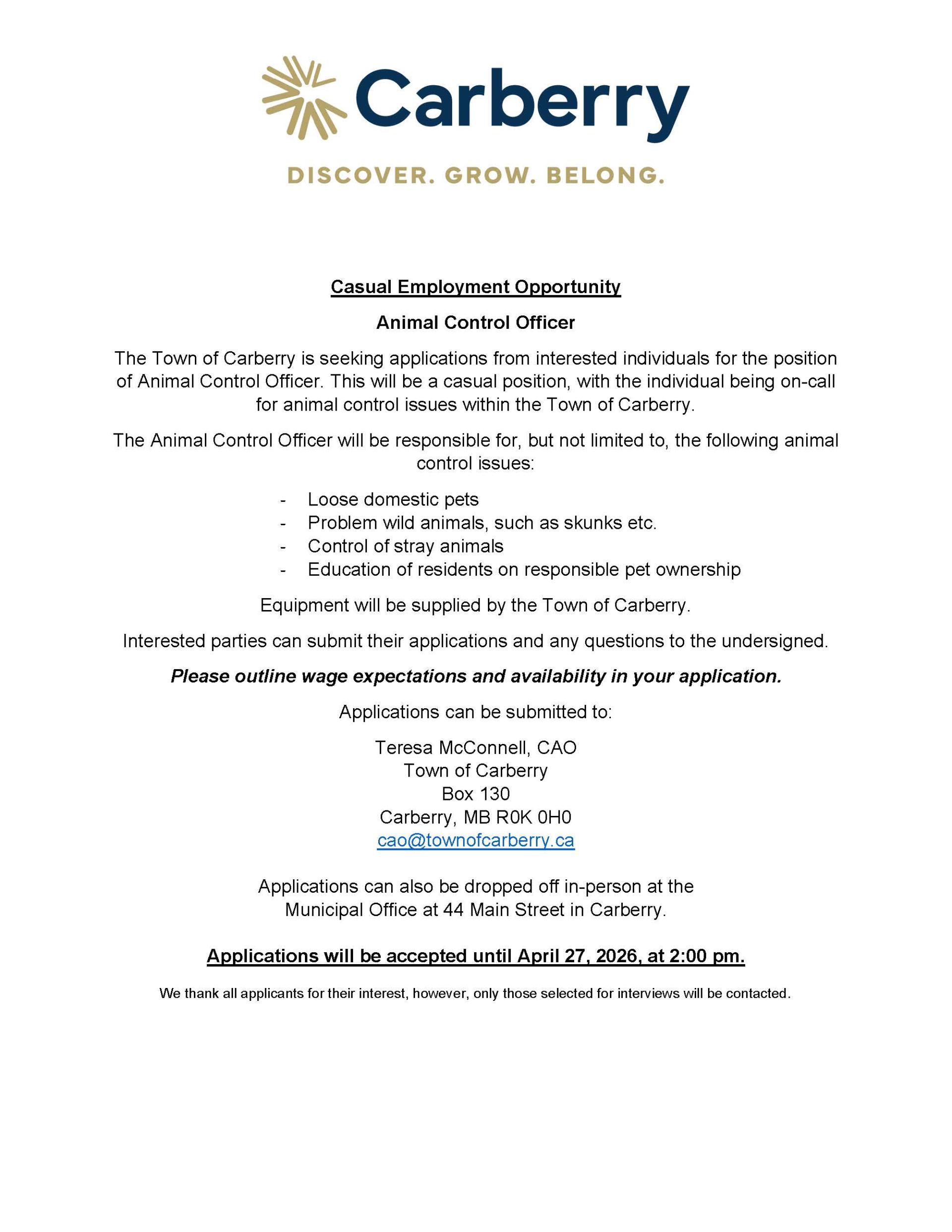 Town of Carberry Animal Control 